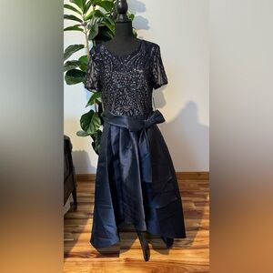 R&M Richards Navy Sequin Dress with Satin Detail